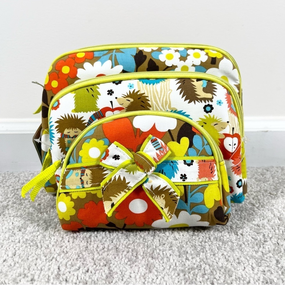NWT Once Upon a Rose Colorful Floral Animal Print Pouch 3 Piece Cosmetic Bag Set